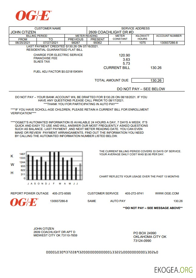 USA Oklahoma OGE Energy utility bill template in Word and PDF